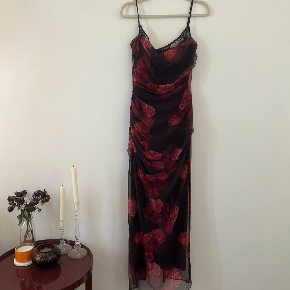 House of CB Black and Red Floral Midi Skirt
